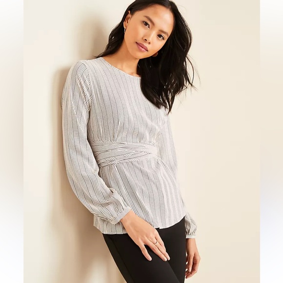 Ann Taylor Tops - Ann Taylor long Sleeve Striped Tie Waist Blouse Size Small EUC